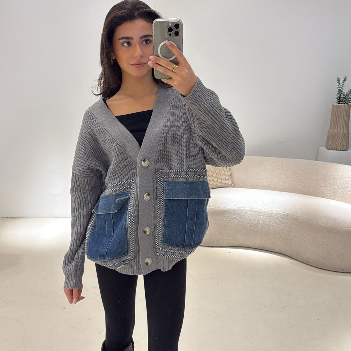 Vest Knitted Denim Pockets Grijs