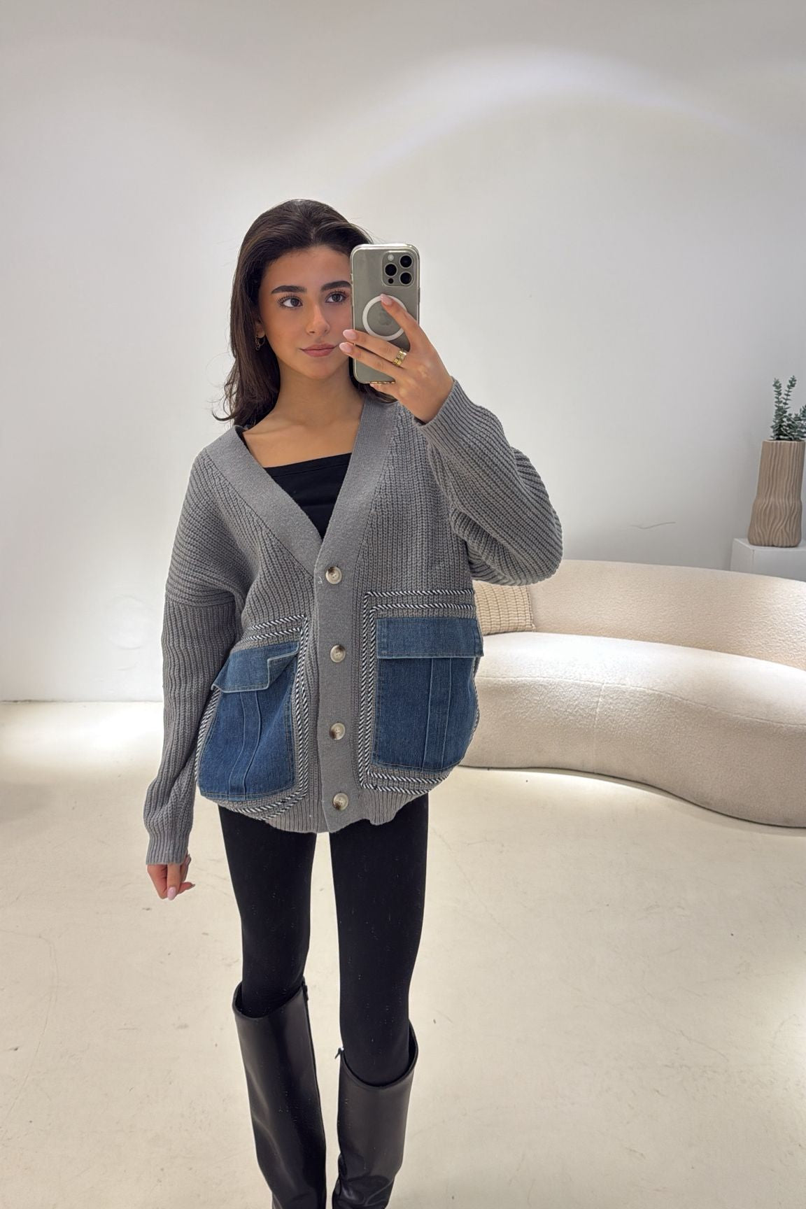 Vest Knitted Denim Pockets Grijs