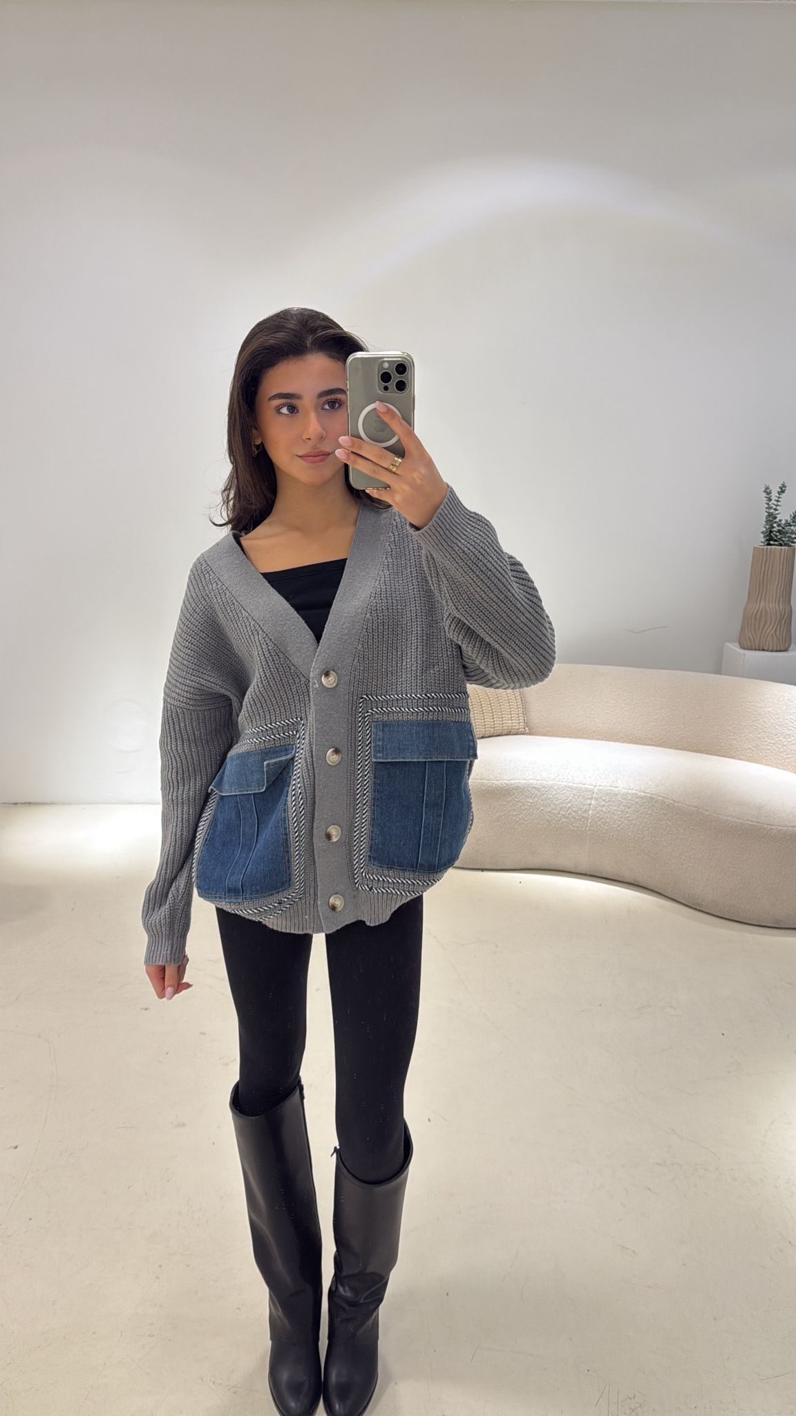 Vest Knitted Denim Pockets Grijs