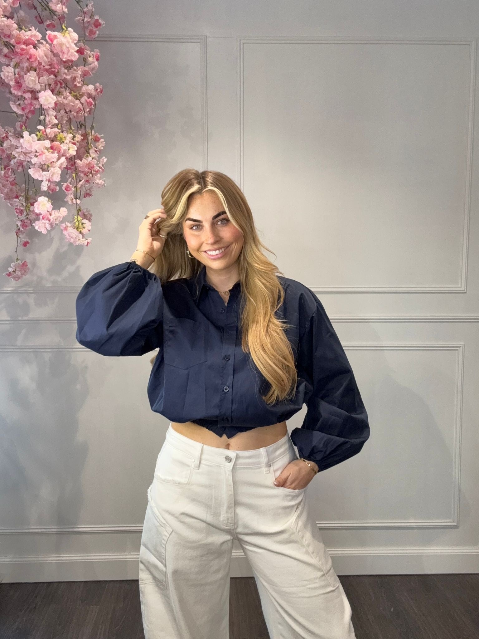 Blouse Cropped Marine Blauw met Koord