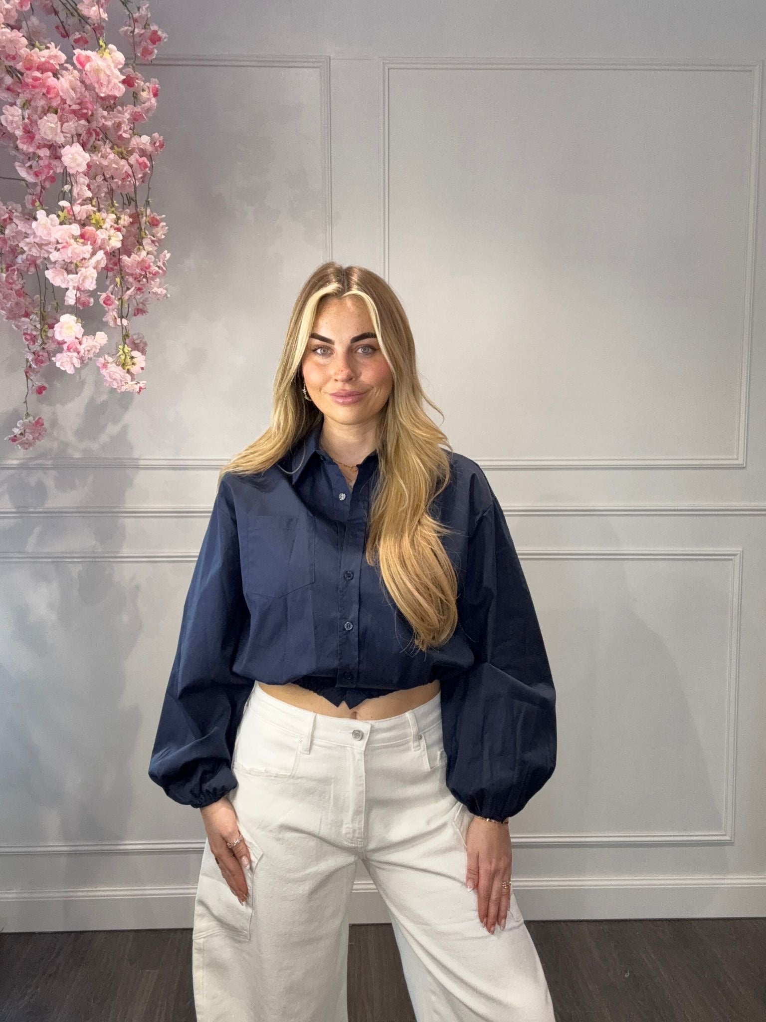 Blouse Cropped Marine Blauw met Koord