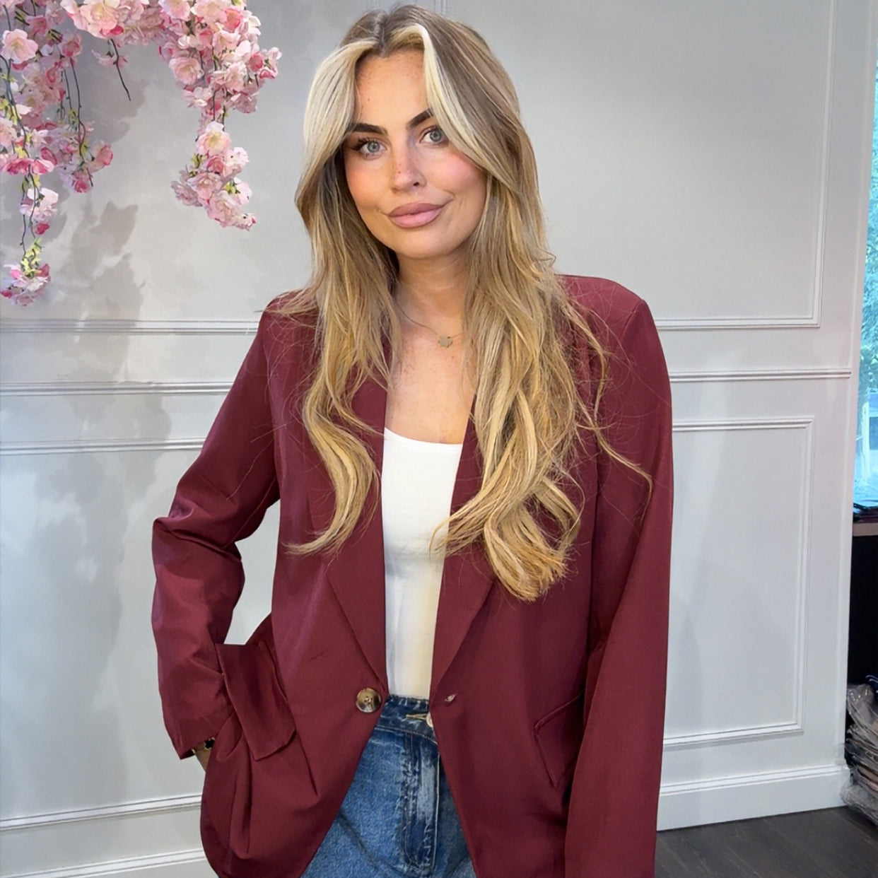 Bordeaux Rode Blazer Met Panter Print Binnenin