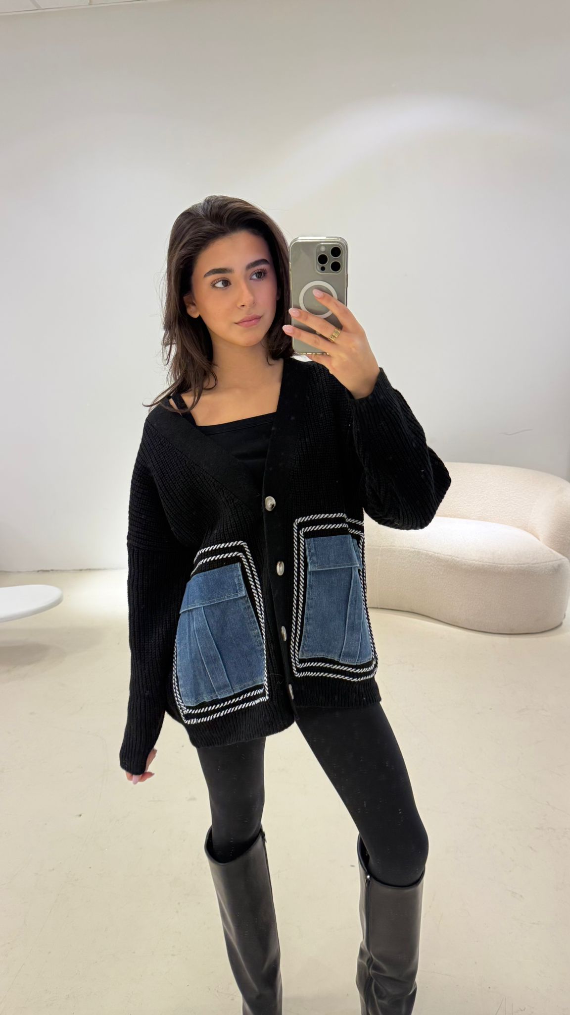 Vest Knitted Denim Pockets Zwart