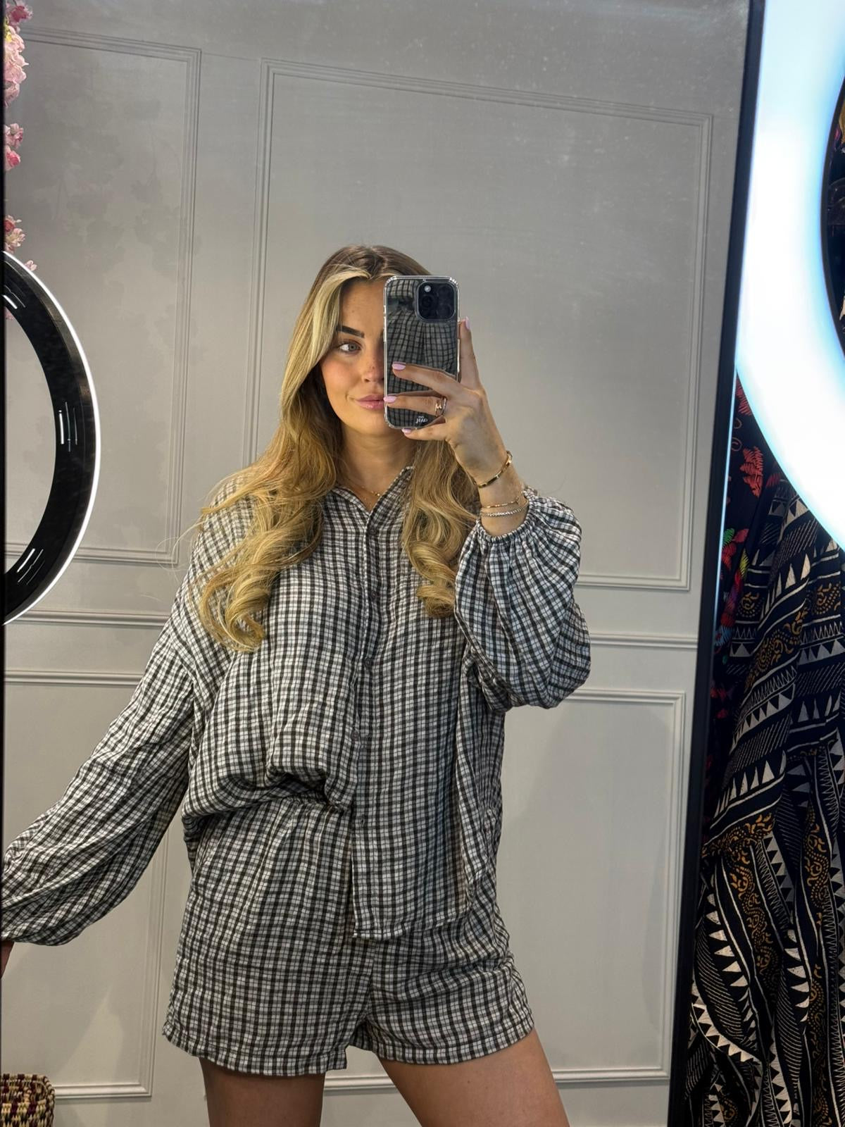2 Delige Set Nice Blouse met Shorts Ruitprint