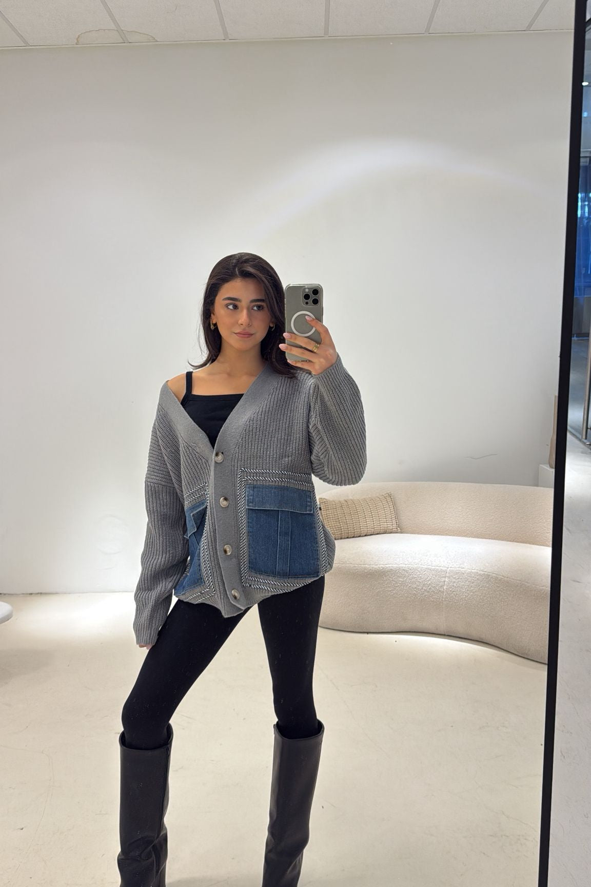 Vest Knitted Denim Pockets Grijs