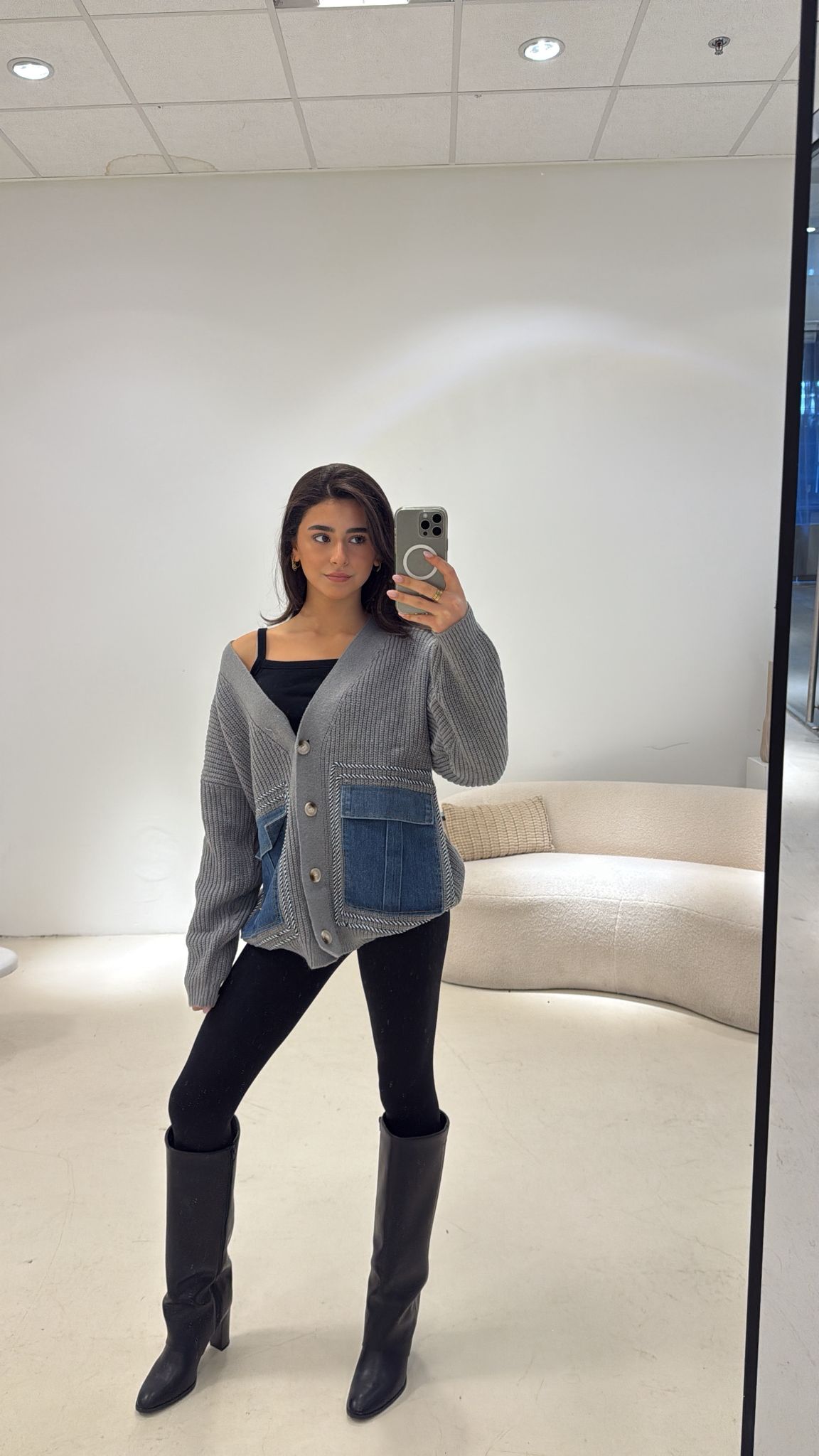 Vest Knitted Denim Pockets Grijs