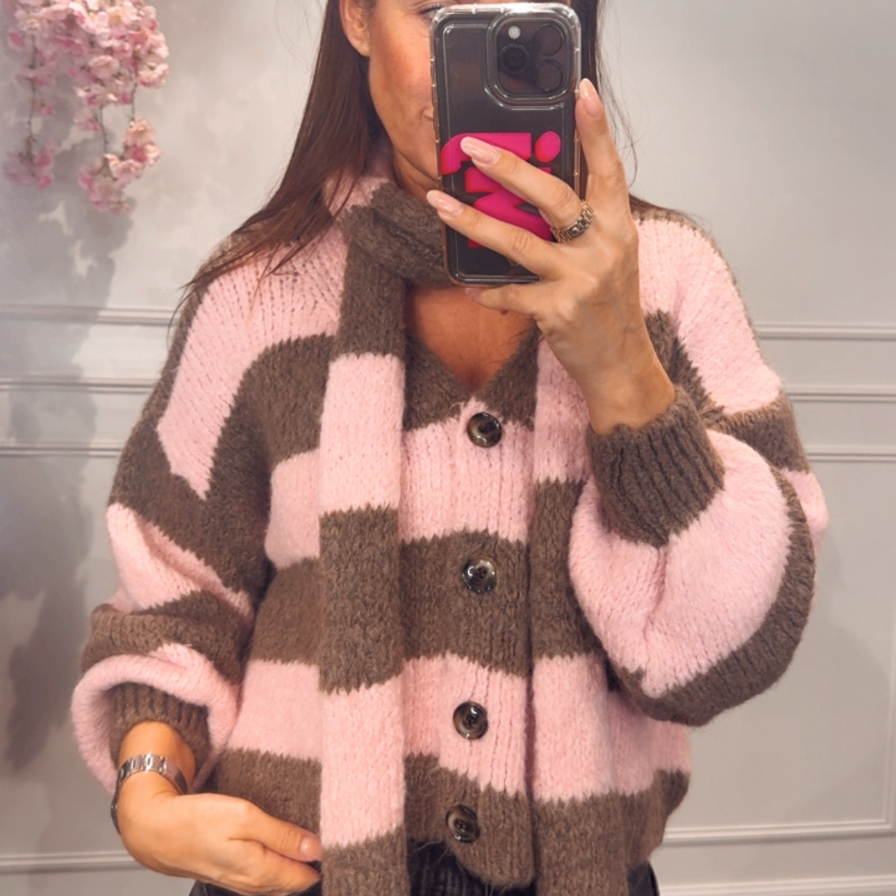 Vest Streep Roze/ Bruin Met Sjaal