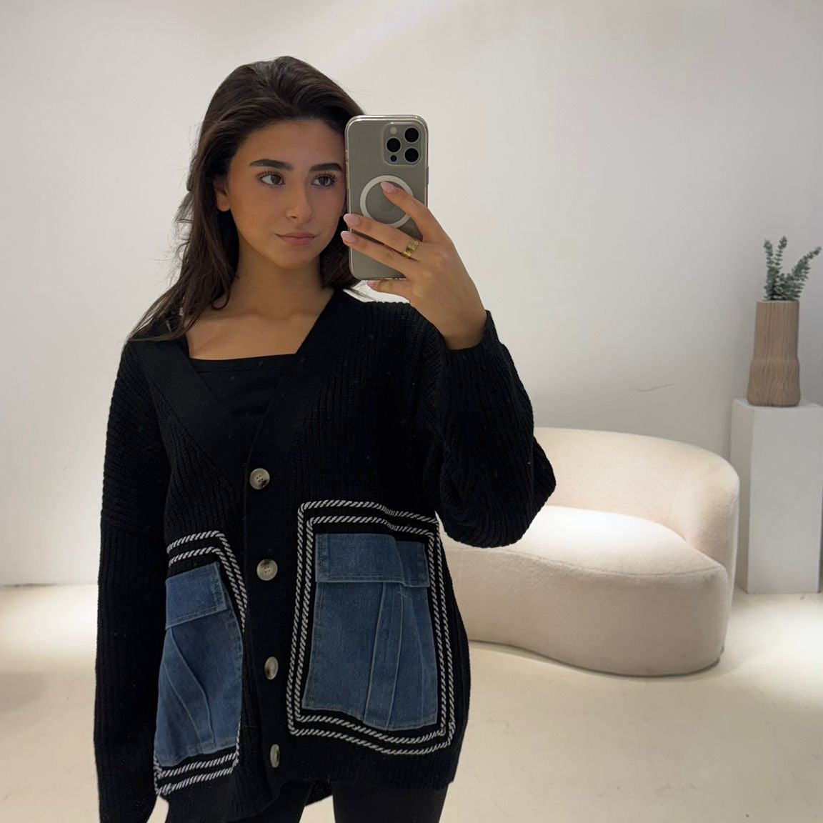 Vest Knitted Denim Pockets Zwart