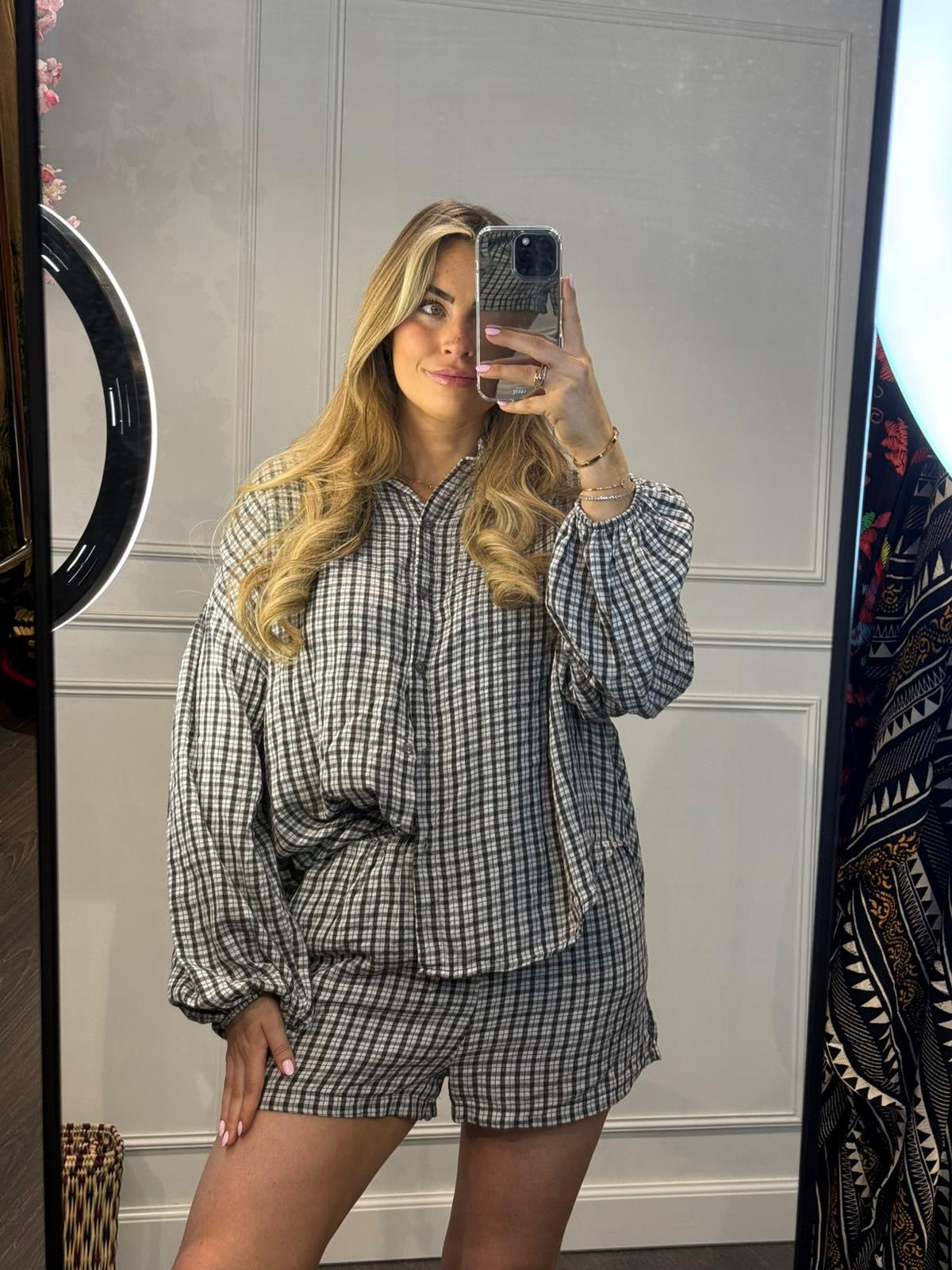 2 Delige Set Nice Blouse met Shorts Ruitprint