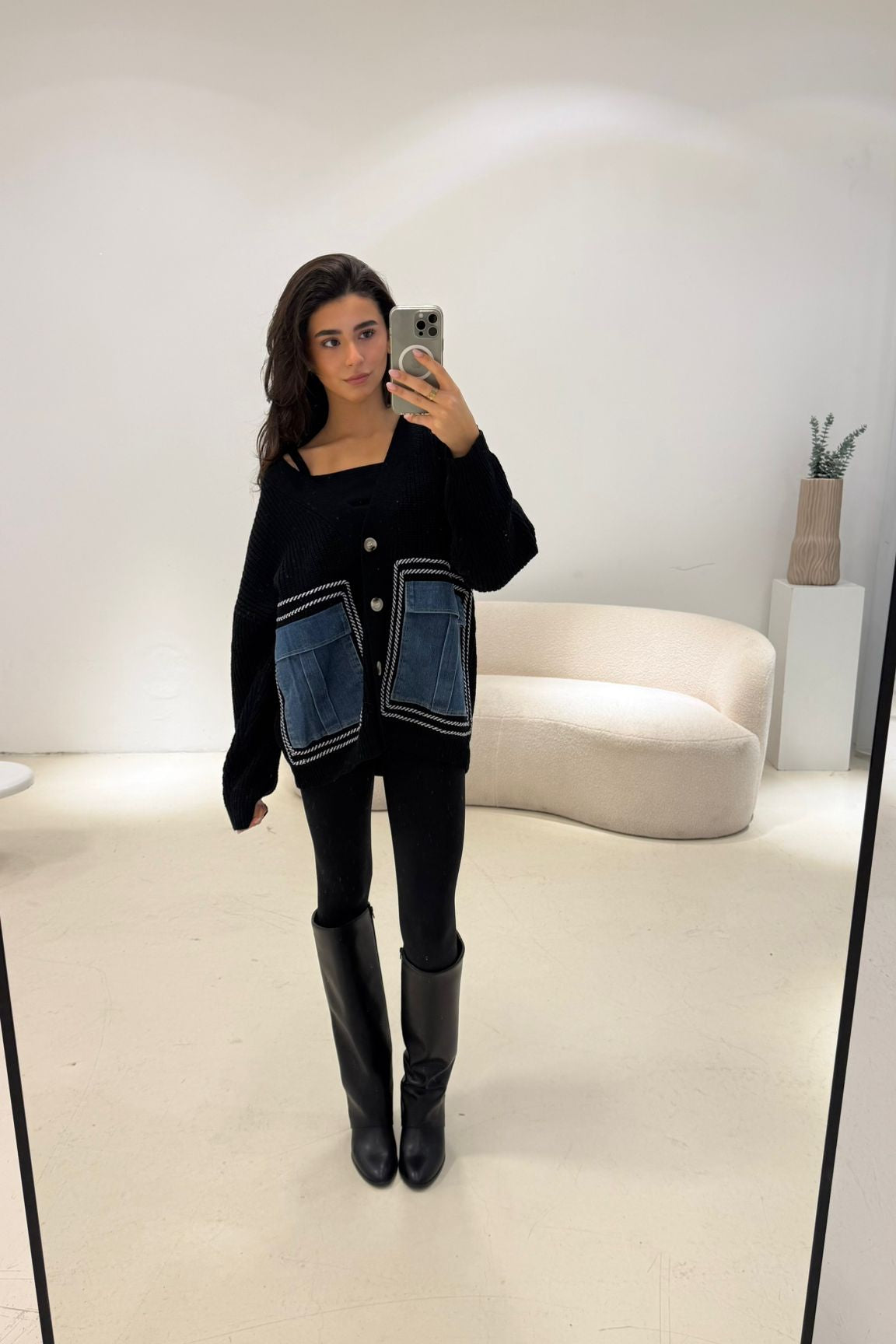 Vest Knitted Denim Pockets Zwart