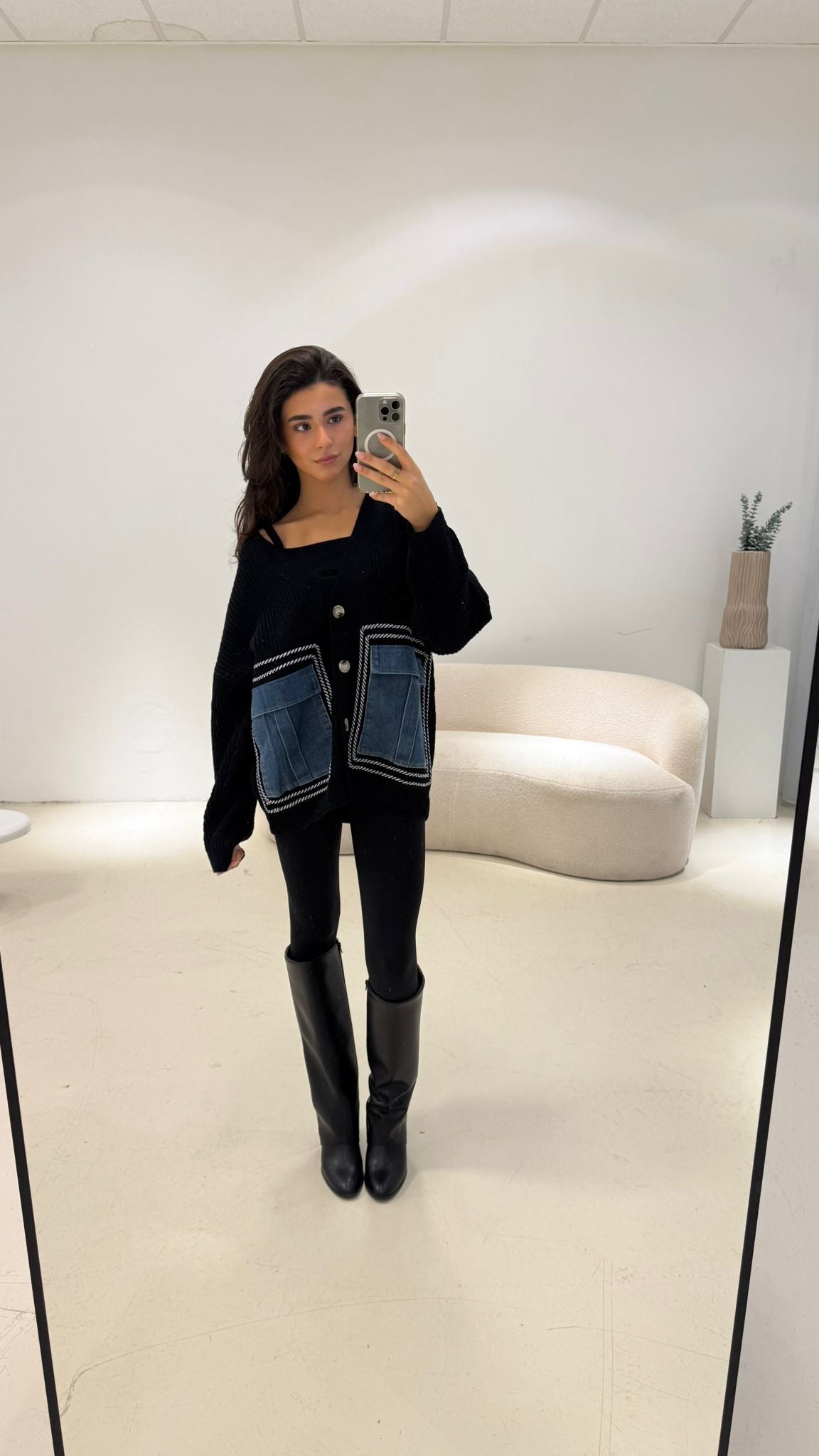 Vest Knitted Denim Pockets Zwart