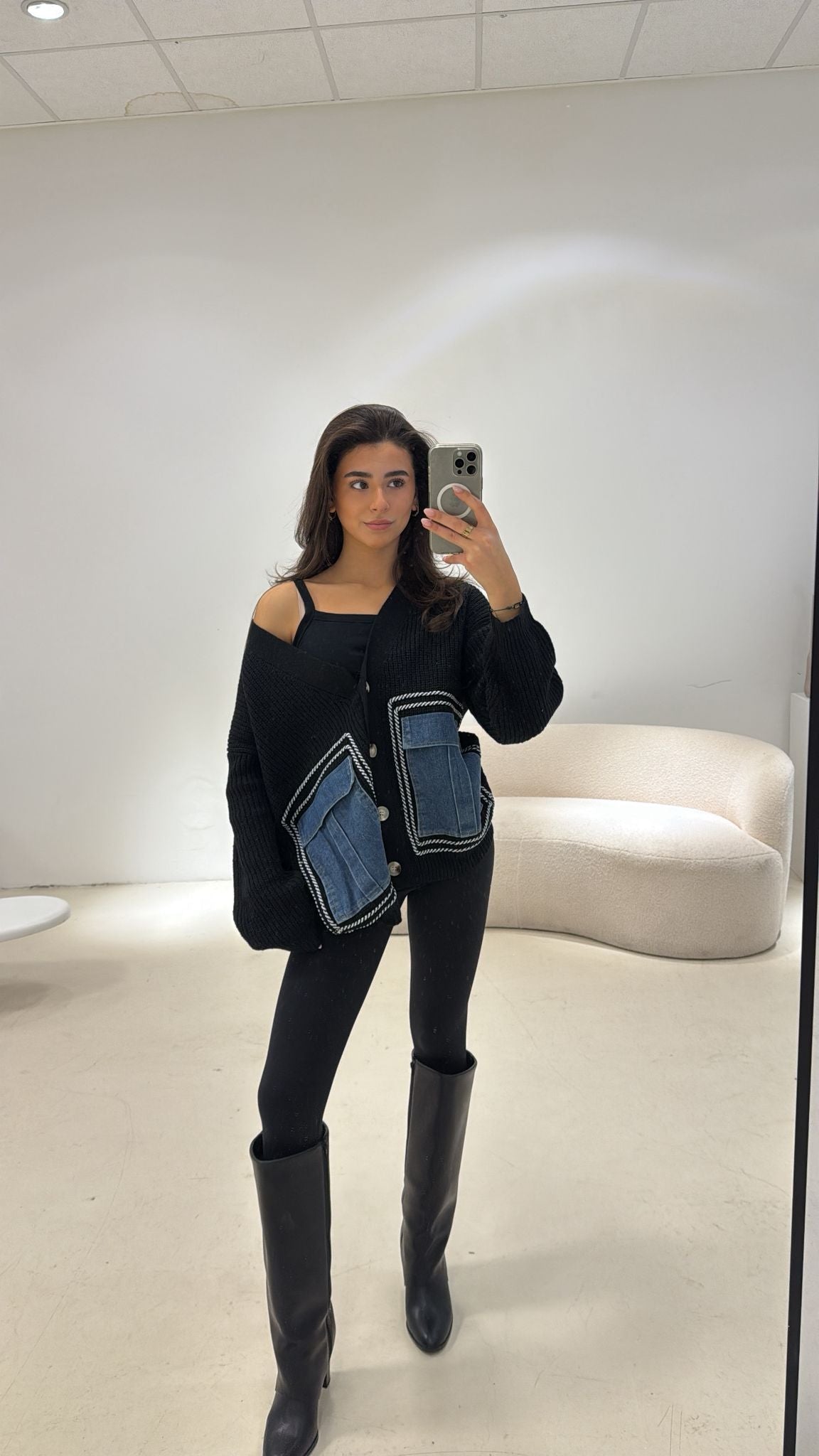 Vest Knitted Denim Pockets Zwart