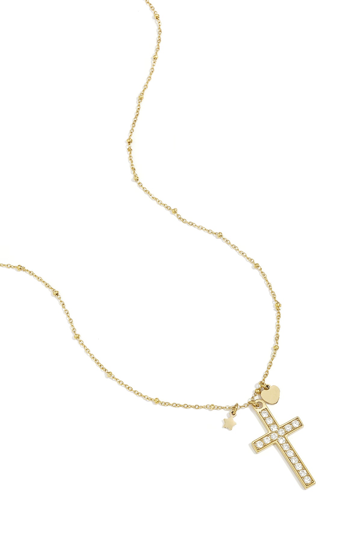 Necklace with decorated cross pendant and charms