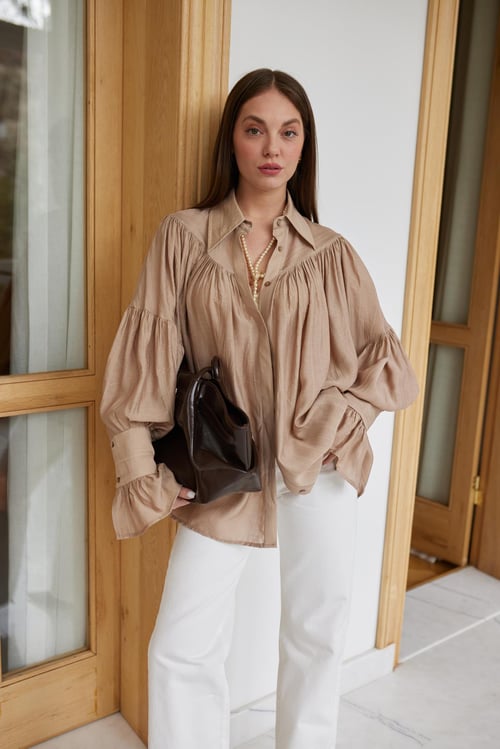 Blouse met Plooien en Mouwdetails Camel